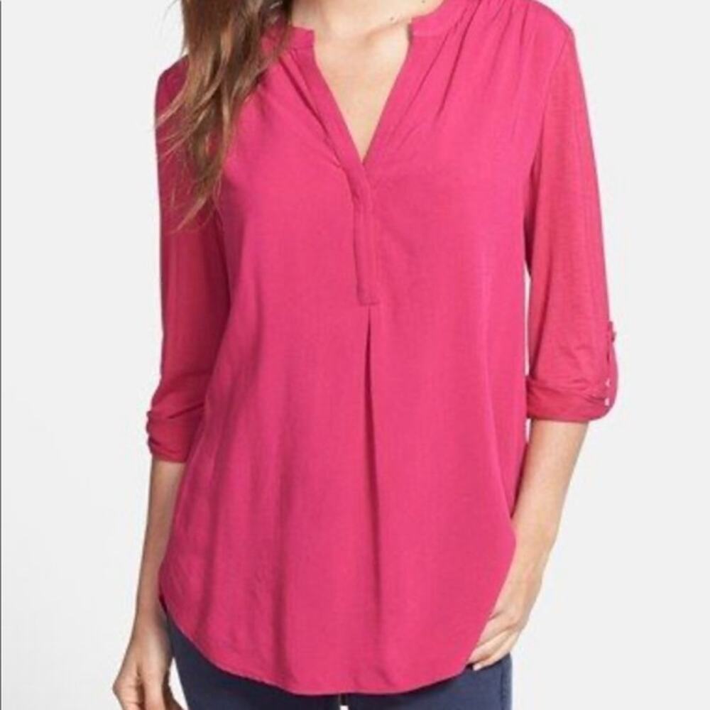 Nordstroms Pleione Magenta 3/4 Sleeve Mixed-Media Henley Size Large
